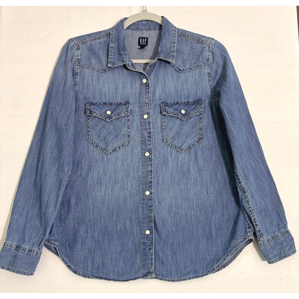 Gap Denim Western Shirt Womens M Petite Medium Indigo Snap Front 100% Cotton